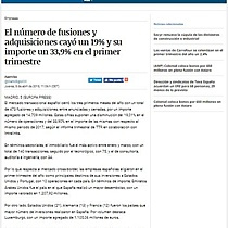 El nmero de fusiones y adquisiciones cay un 19% y su importe un 33,9% en el primer trimestre